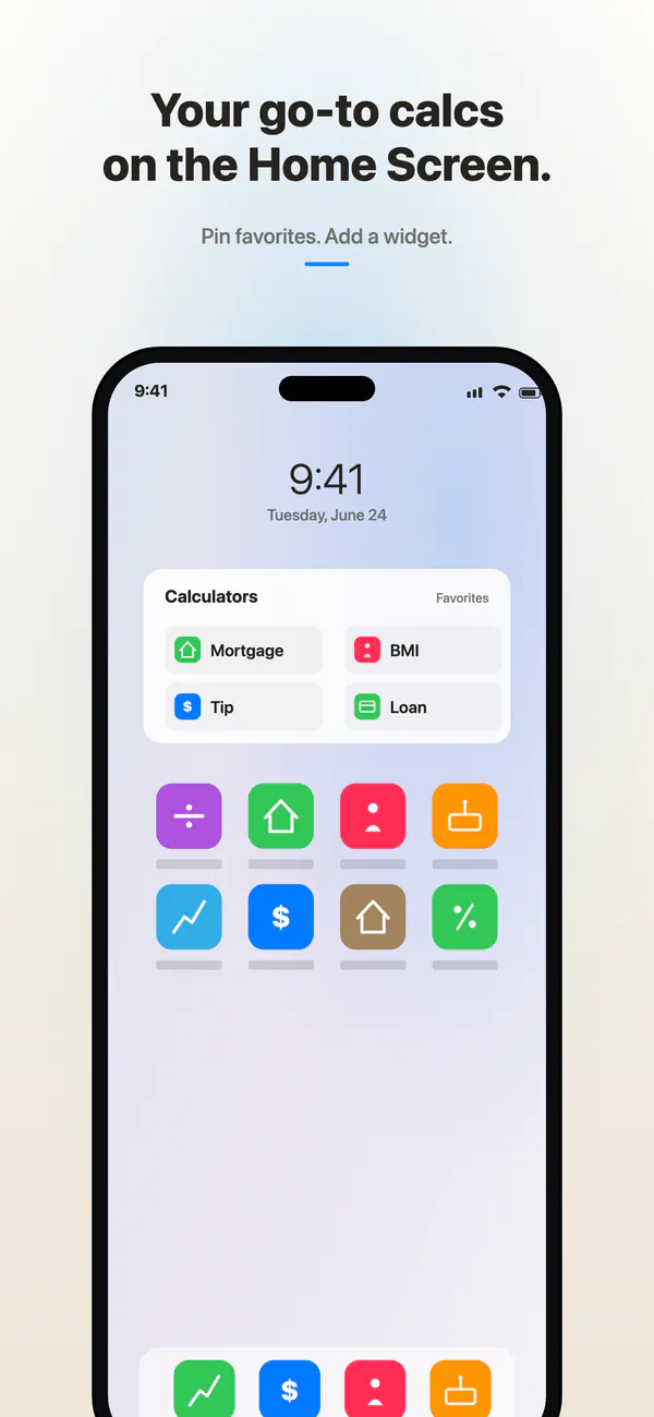 شاشة iPhone الرئيسية مع أداة حاسبة تحتوي على أربع آلات حاسبة مفضلة