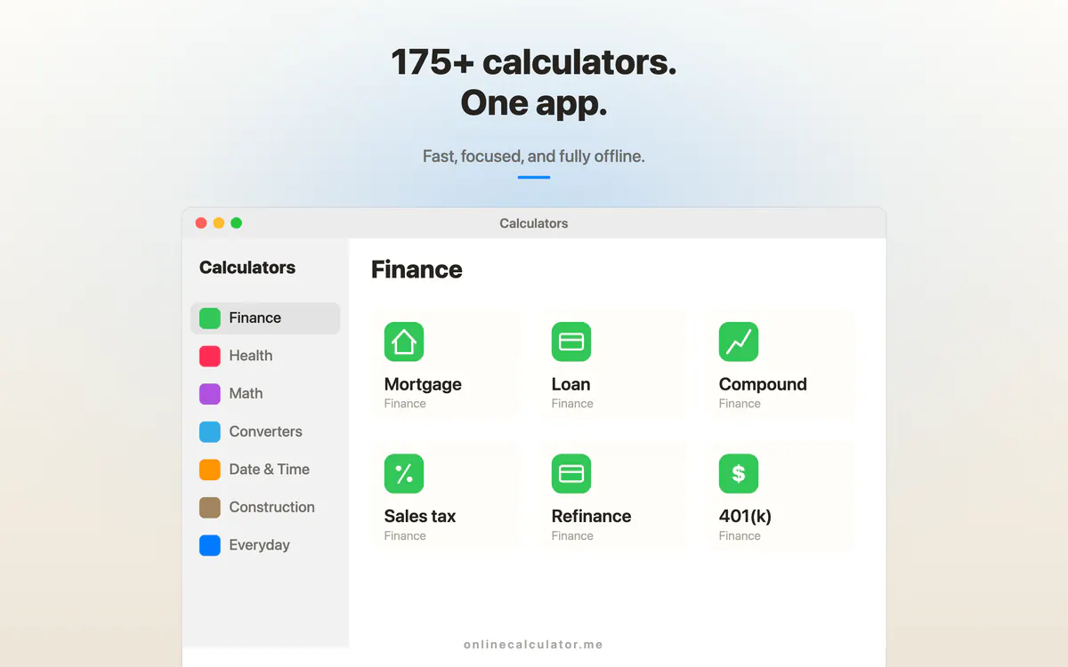 تطبيق الآلات الحاسبة على Mac مع فئات الآلة الحاسبة في شريط جانبي وشبكة حاسبة مالية