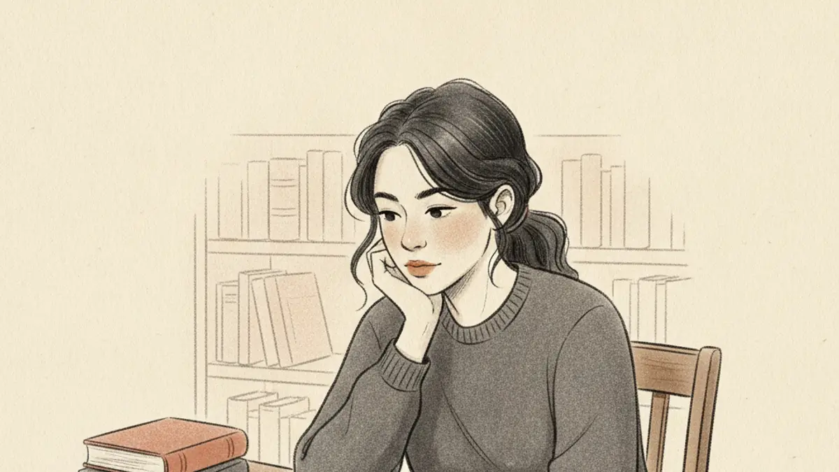 A student sitting at a wooden library desk looking thoughtfully at a scattered pile of playing cards and a pair of dice.