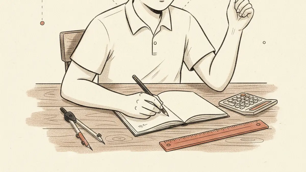 A student sitting at a wooden desk holding a pencil over a blank notebook next to a compass and a calculator.