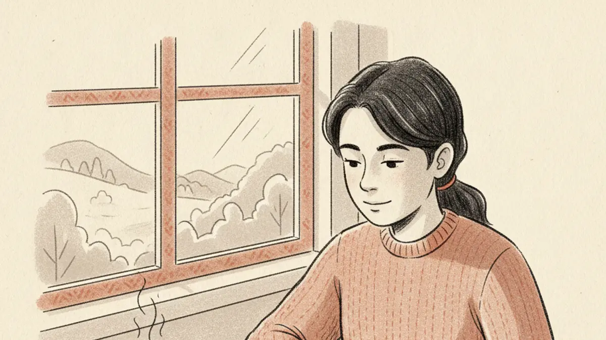 A student sits at a wooden desk by a window, pressing buttons on a scientific calculator next to an open notebook.