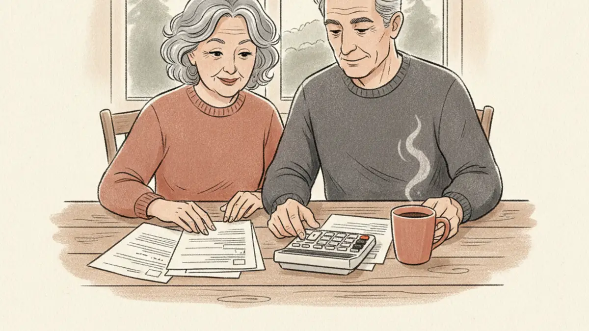 An older couple sitting at a kitchen table looking at financial documents and a calculator.