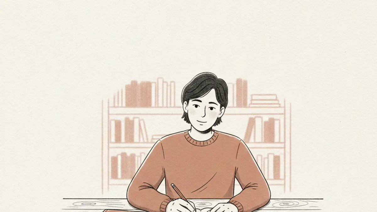 A person sitting at a wooden desk holding a pencil over a blank notepad next to a textbook and a calculator.