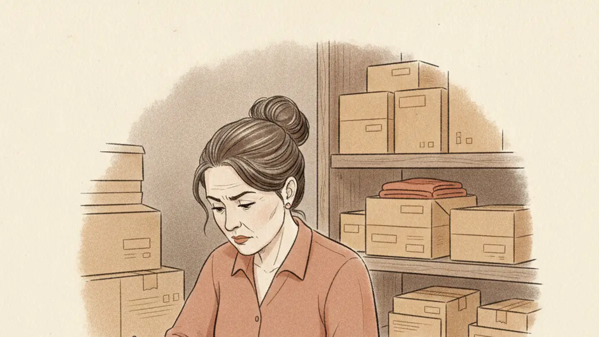 A business owner sitting at a wooden desk in a stockroom, writing on a notepad next to a calculator and inventory boxes.