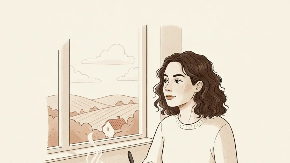 A woman sitting at a kitchen table with a pen, blank notebook, and a mug of tea looking out the window.