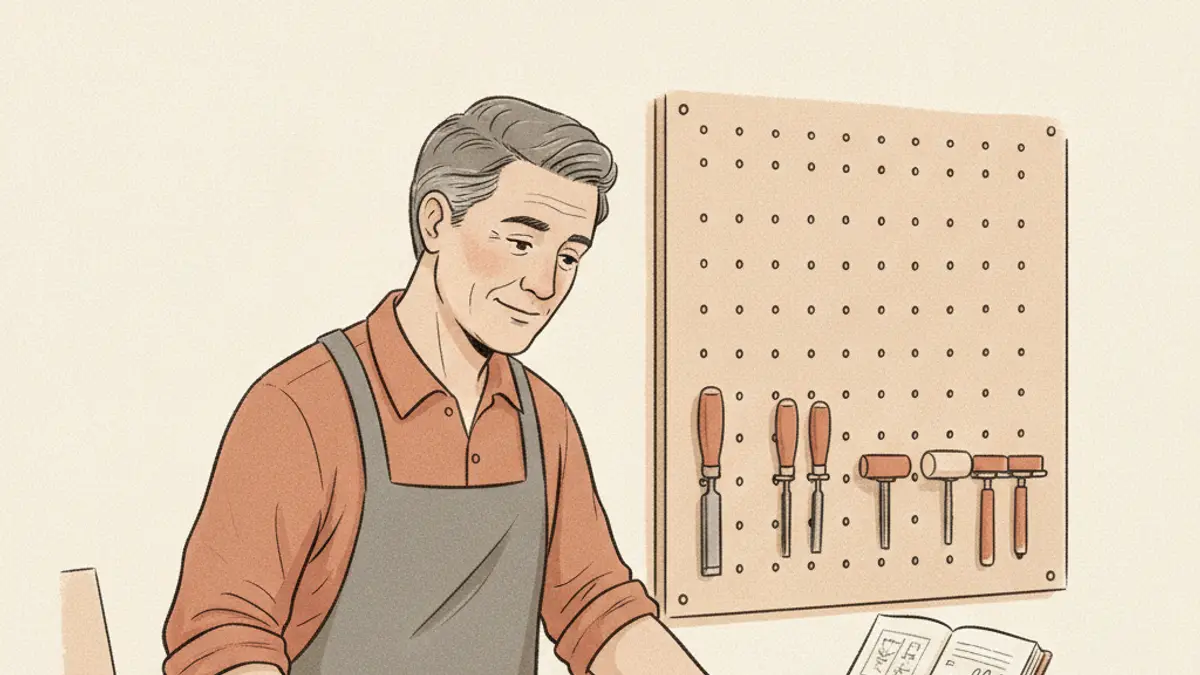 A person in a woodshop measuring a piece of lumber with a tape measure next to a notebook on a workbench.