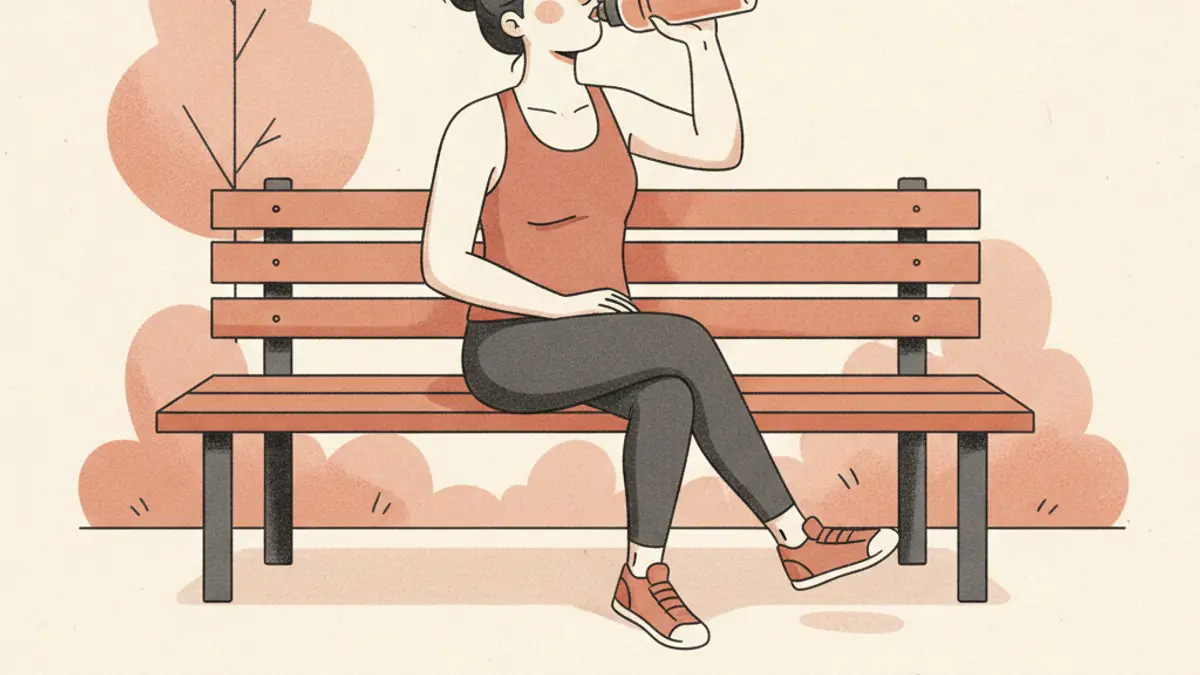 A person in athletic clothing drinking from a large reusable water bottle while resting on a sunny park bench.