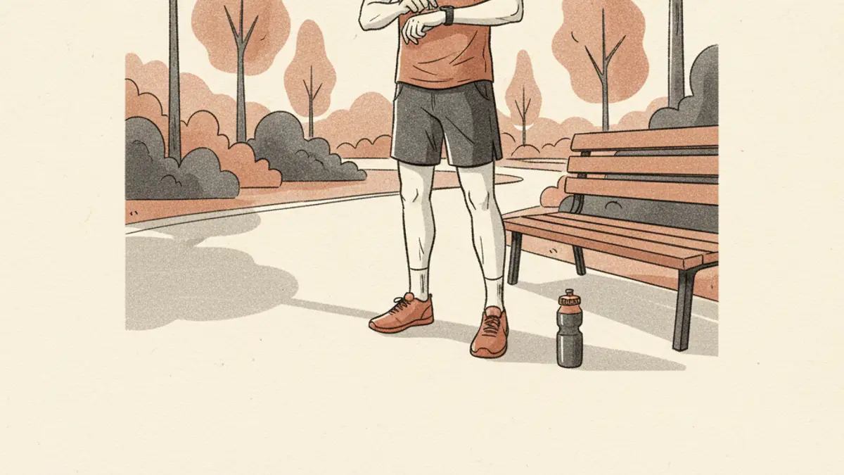 A runner checking their smartwatch while pausing on a paved park trail next to a wooden bench.