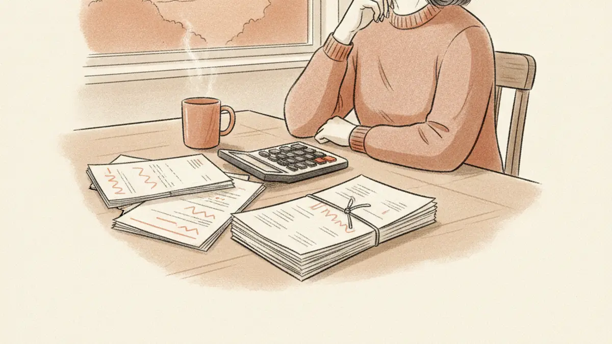 A person sitting at a kitchen table with a calculator and paper bank statements looking out the window.