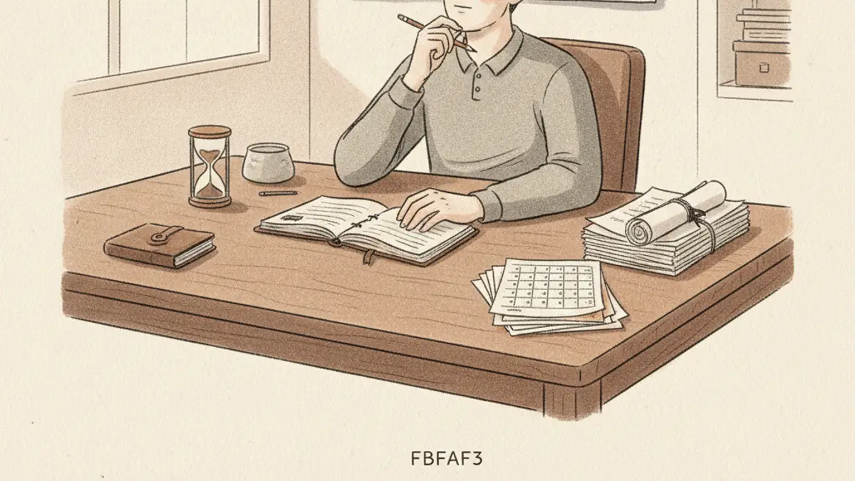 A person sitting at a wooden desk looking at a large paper wall calendar while holding a pencil.