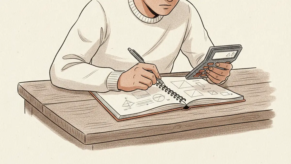 A student sitting at a wooden desk using a pencil and a scientific calculator to work on a notebook assignment.