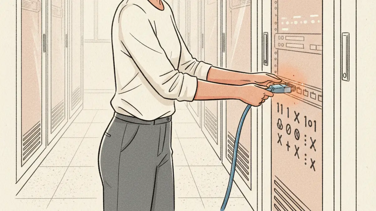 A computer technician working on a server rack in a brightly lit data center, plugging in a blue ethernet cable.