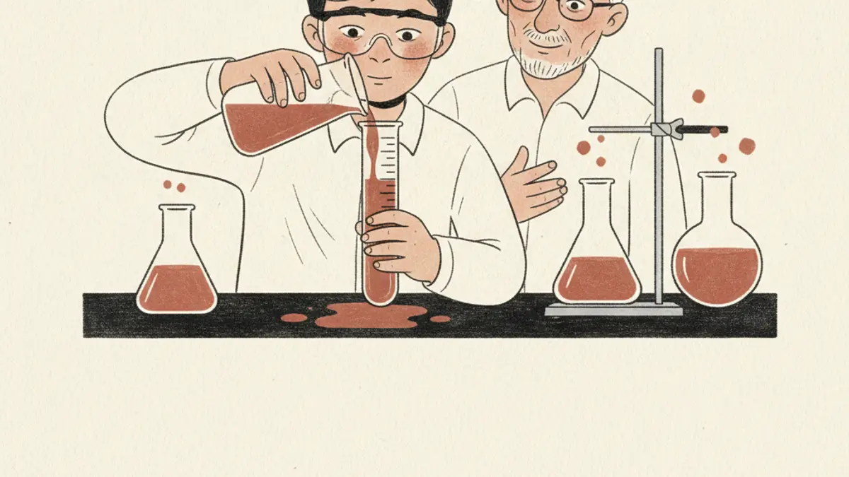 A student in safety goggles pouring liquid from a beaker into a graduated cylinder on a lab bench.