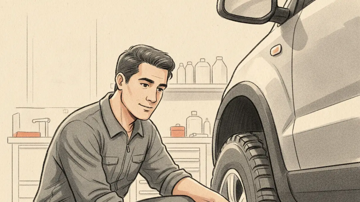 A mechanic in a garage crouching beside a car tire and pressing a metal tire pressure gauge against the valve stem.