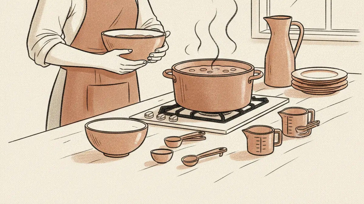 A person in a kitchen holding a mixing bowl next to a large pot of soup on a stovetop.