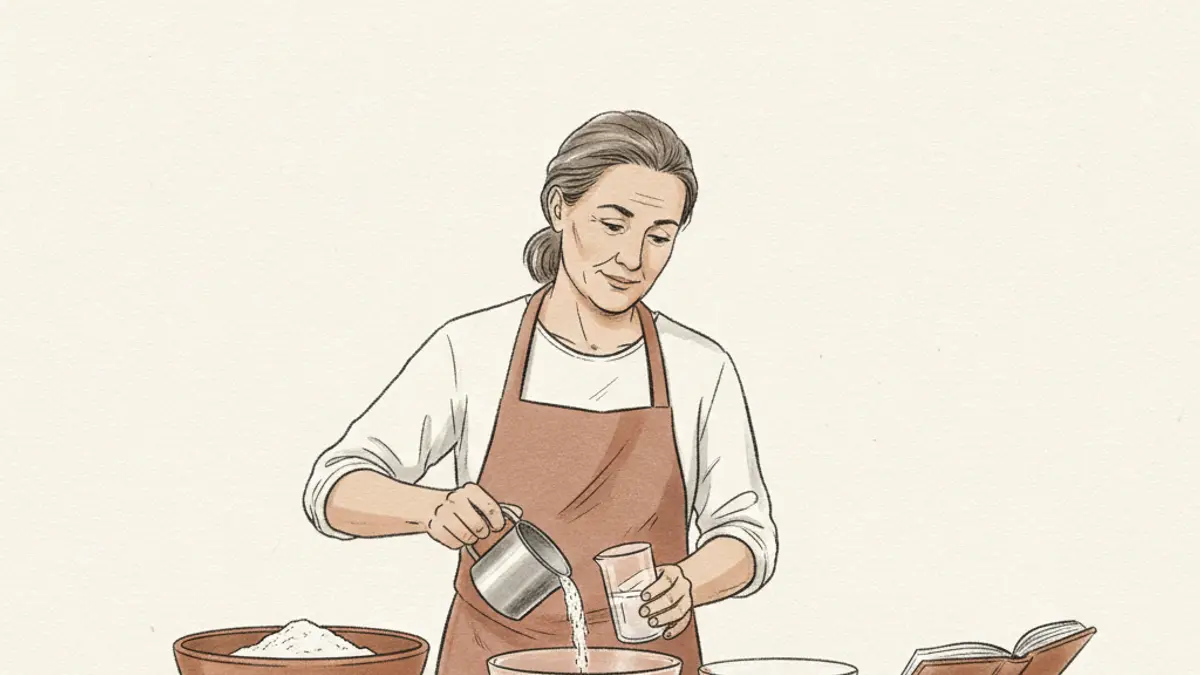 A baker at a wooden kitchen counter measuring flour and water into glass bowls next to an open recipe book.