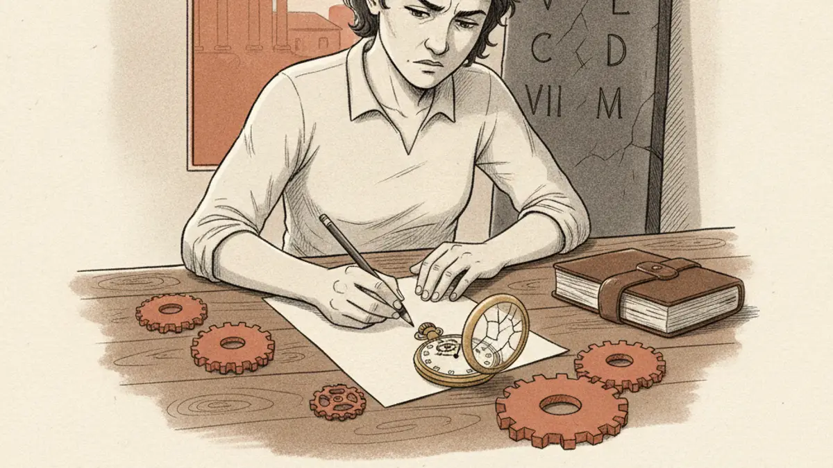 A confused person sitting at a desk tapping a pencil on blank paper next to an antique pocket watch.