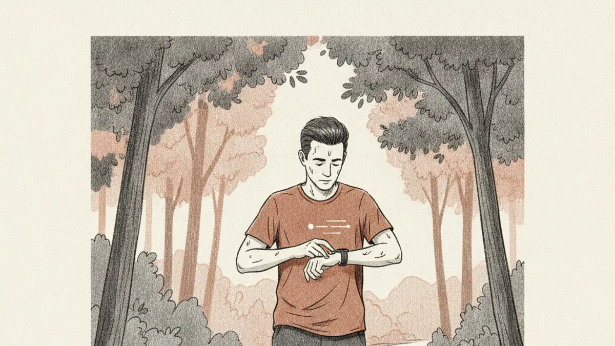 A sweaty runner checking a GPS watch on their wrist while standing on a paved trail surrounded by green trees.