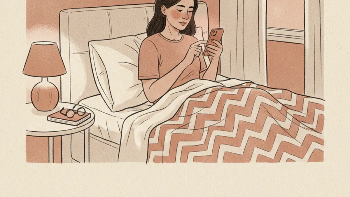 A person sitting in bed in a dimly lit bedroom setting an alarm on their smartphone.