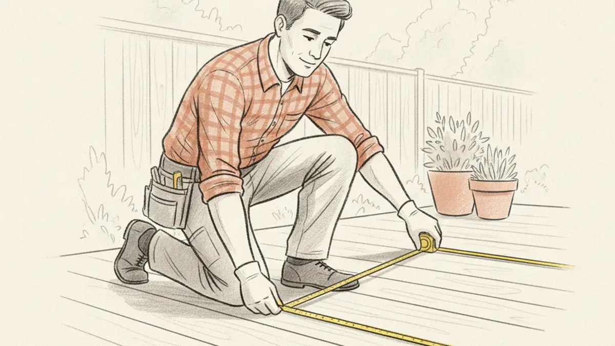 A carpenter kneeling on a wooden backyard deck stretching a yellow tape measure across the corner of the floorboards.