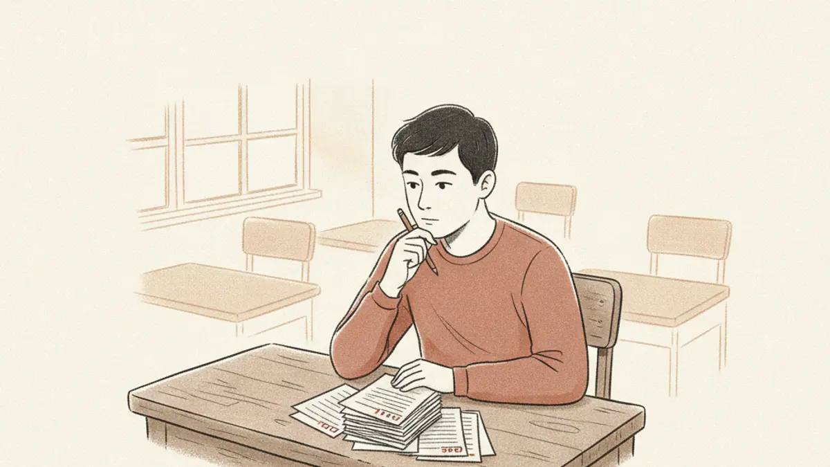 A student sitting at a wooden desk looking thoughtfully at a pile of graded test papers.