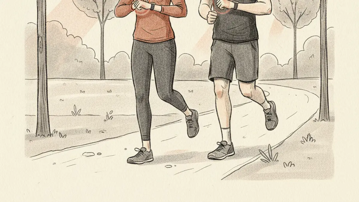 Two runners jogging side-by-side on a park trail while checking their wrist fitness trackers.