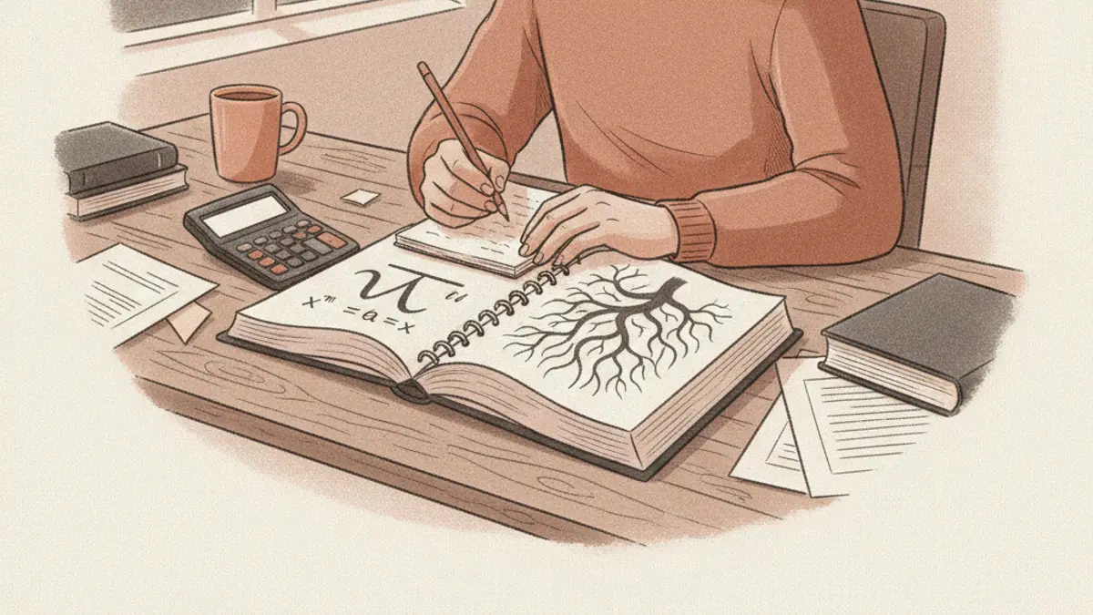 A student sitting at a wooden desk looking at a scientific calculator and an open textbook.