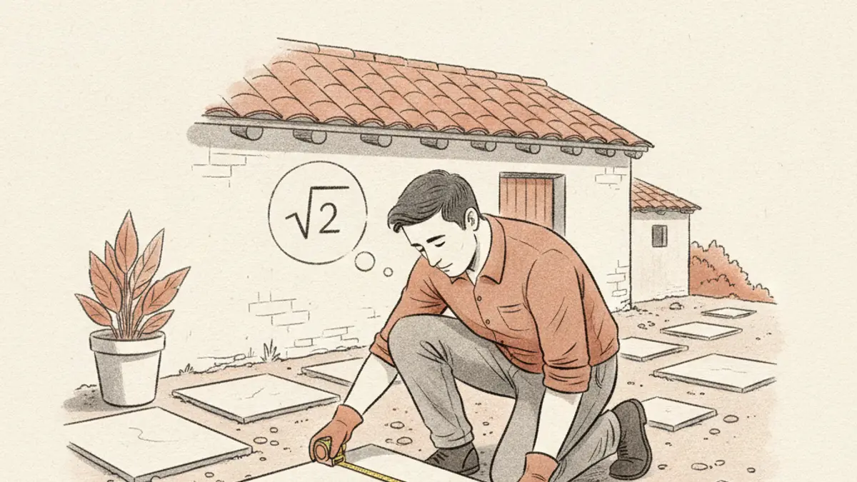 A homeowner kneeling on a dirt patio measuring square stone tiles with a yellow tape measure.