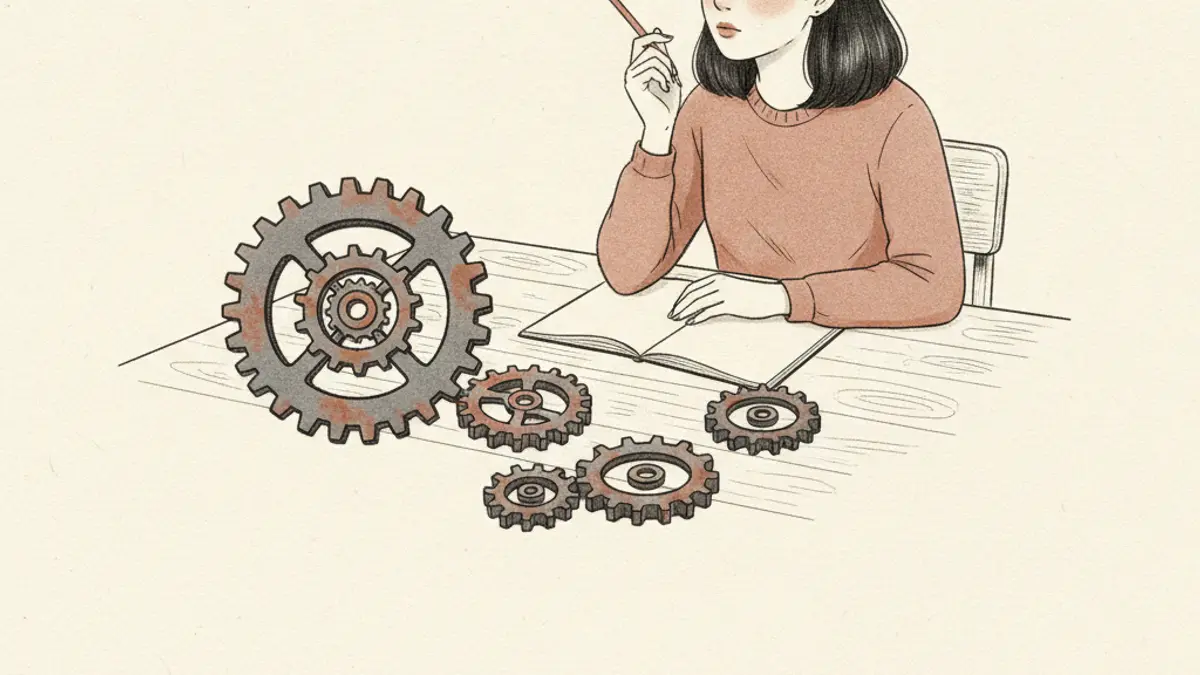 A student sitting at a wooden desk looking at a collection of interlocking metal gears of different sizes.