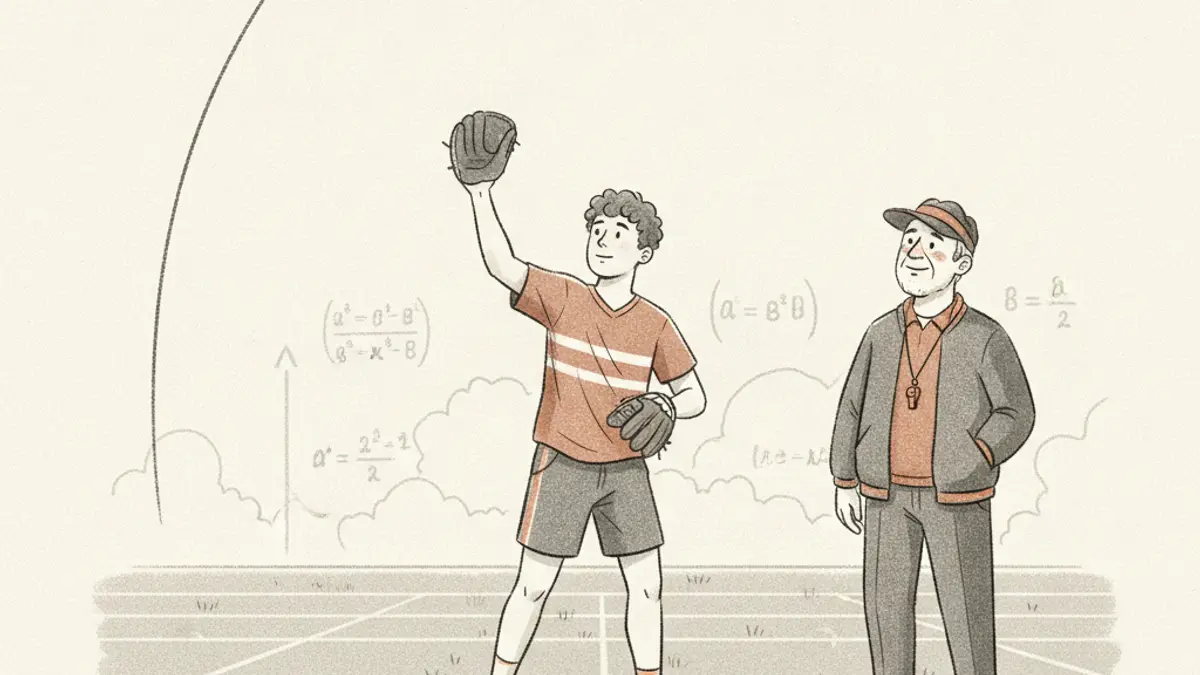 A student on a grassy field throwing a baseball high into the air while a coach watches the arc of the ball.