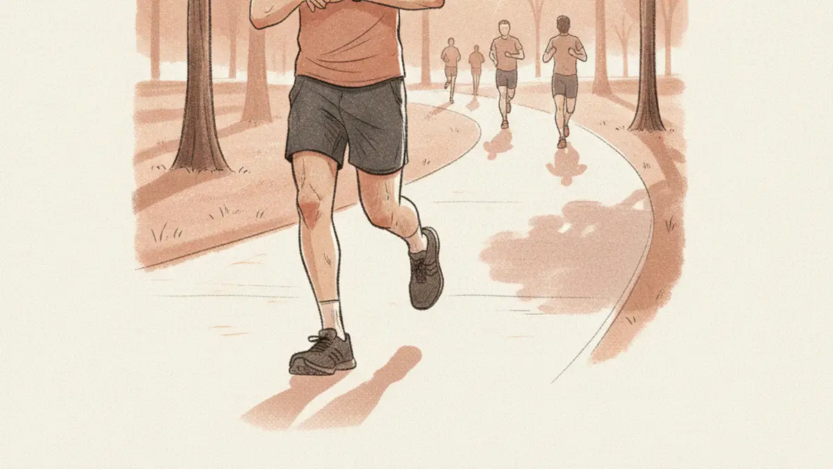 A sweaty runner checking their smartwatch while jogging on a paved path through a sunlit park.
