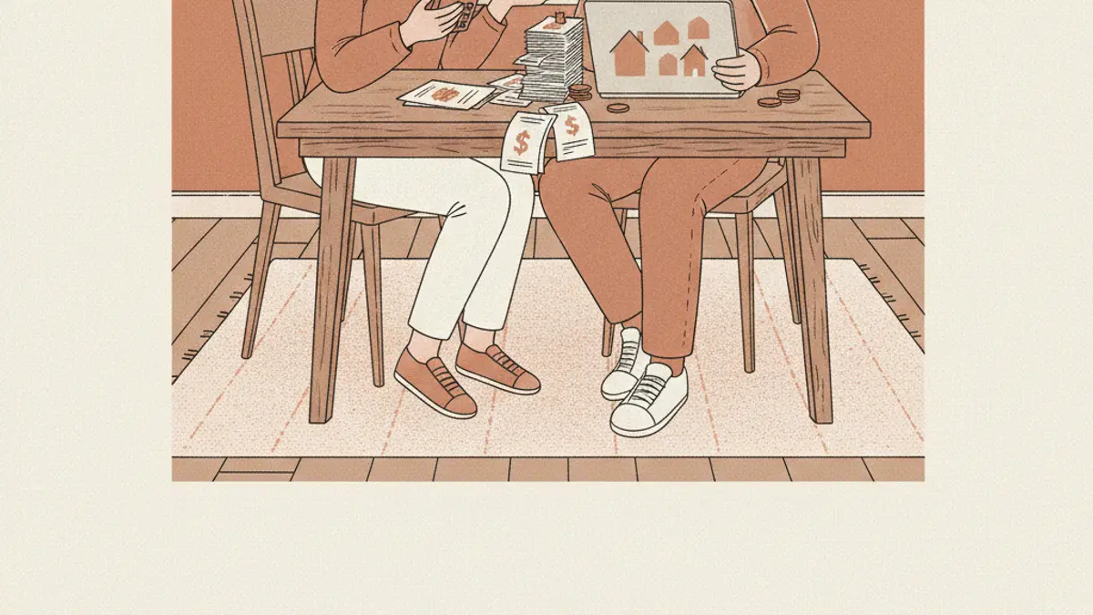 A young couple sitting at a dining table looking at a laptop and paper bills while holding a calculator.